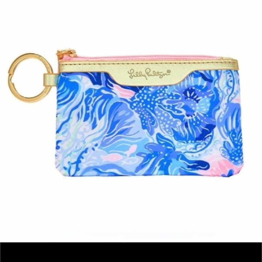 Lilly Pulitzer ID Case Shade Seekers Blue Pink Gold Keychain Wallet Card Case